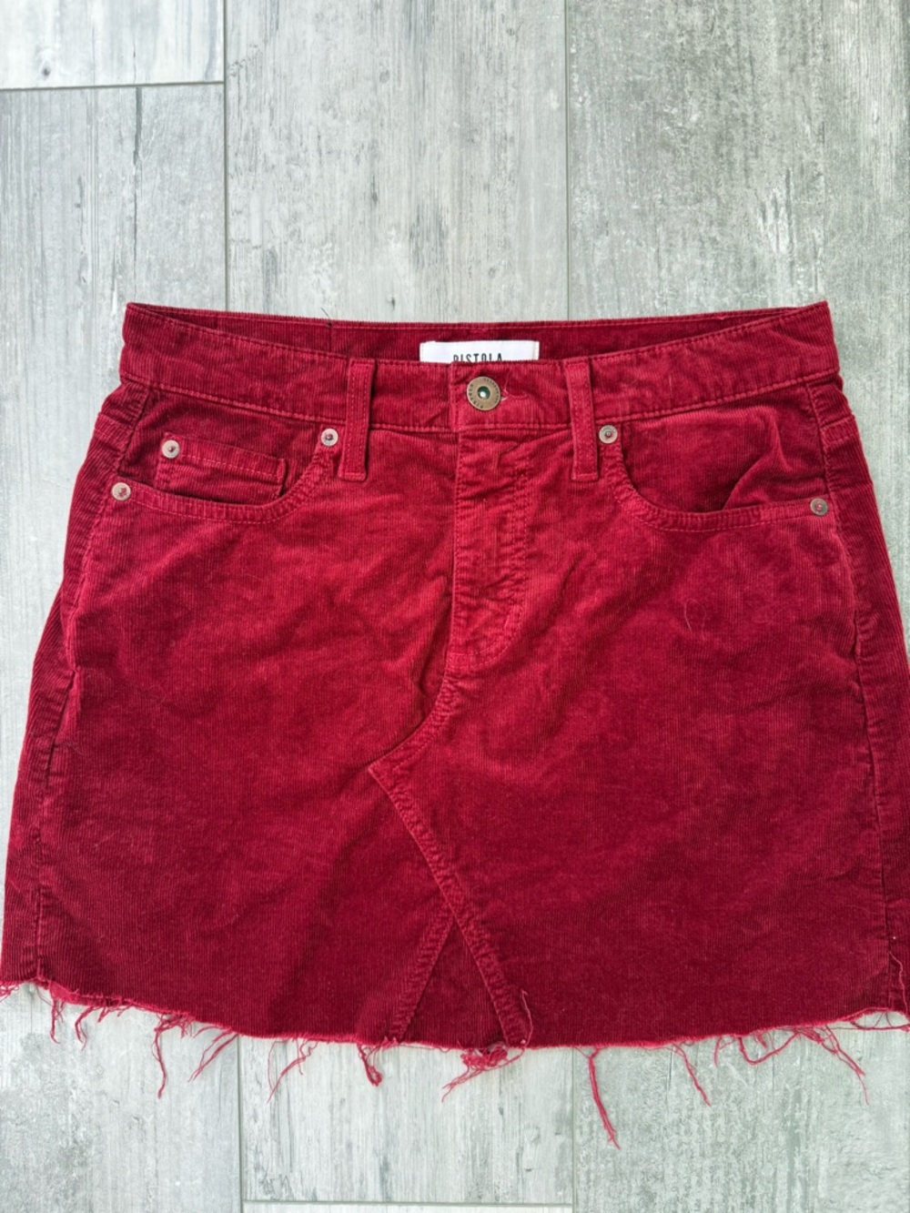 Pistola Red Corduroy Mini Skirt XS Raw Hem 5 Pocket Maroon